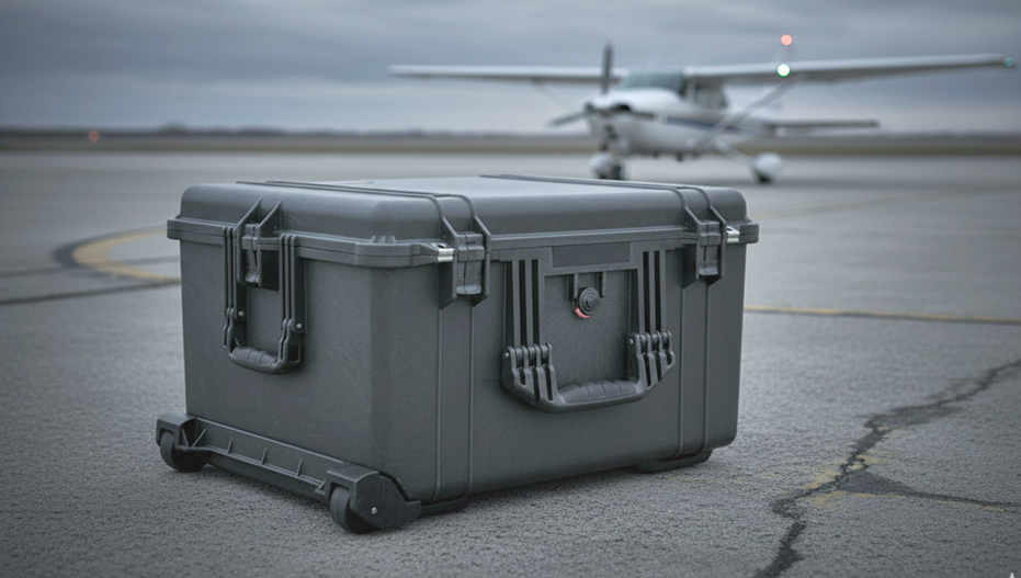 Pelican 1620 rolling case on airport tarmac with Cessna